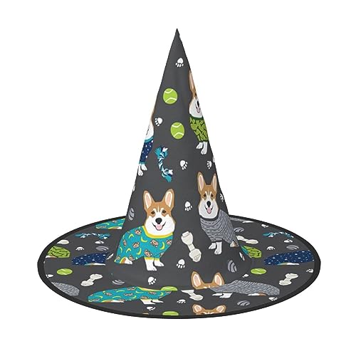 WURTON Tragen von Kleidung Corgi Hunde Druck Halloween Hexenhut Erwachsene Halloween Hut Kostüme Hexen Hüte Halloween Dekor Party