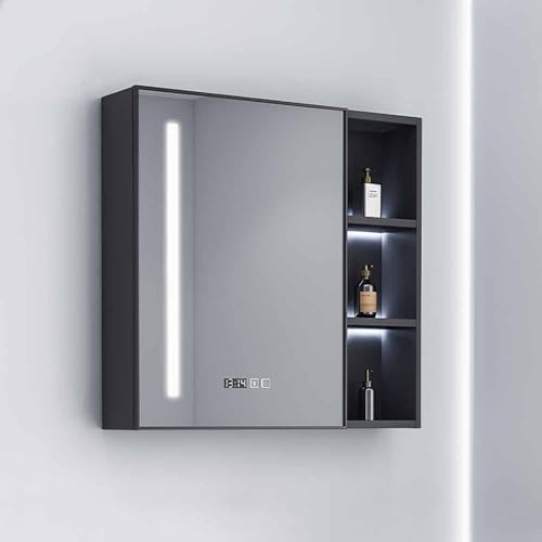 HD-Spiegelschrank, LED-beleuchteter Badezimmerspiegel, beschlagfrei, Medizinschrank mit Smart-Touch-Schalter, Uhr, 32-Zoll-Wandschrank mit Ablagefach,A,70 * 13 * 62cm