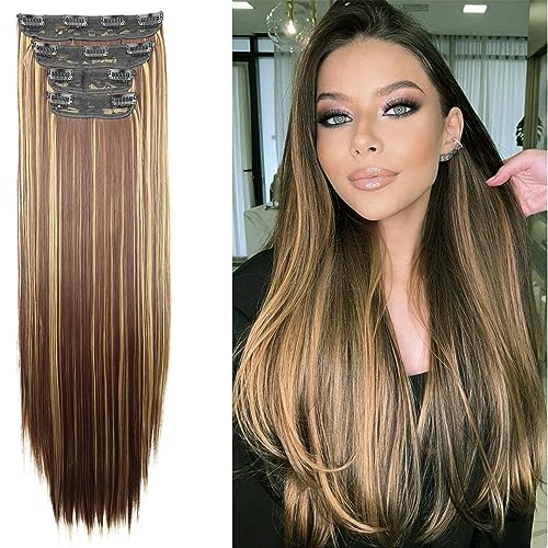 CAISHA by PRETTYSHOP XXL 60cm 4 Teile Set CLIP IN EXTENSIONS Haarverlängerung Haarteil Voluminös Glatt Braun Blond Mix CES310