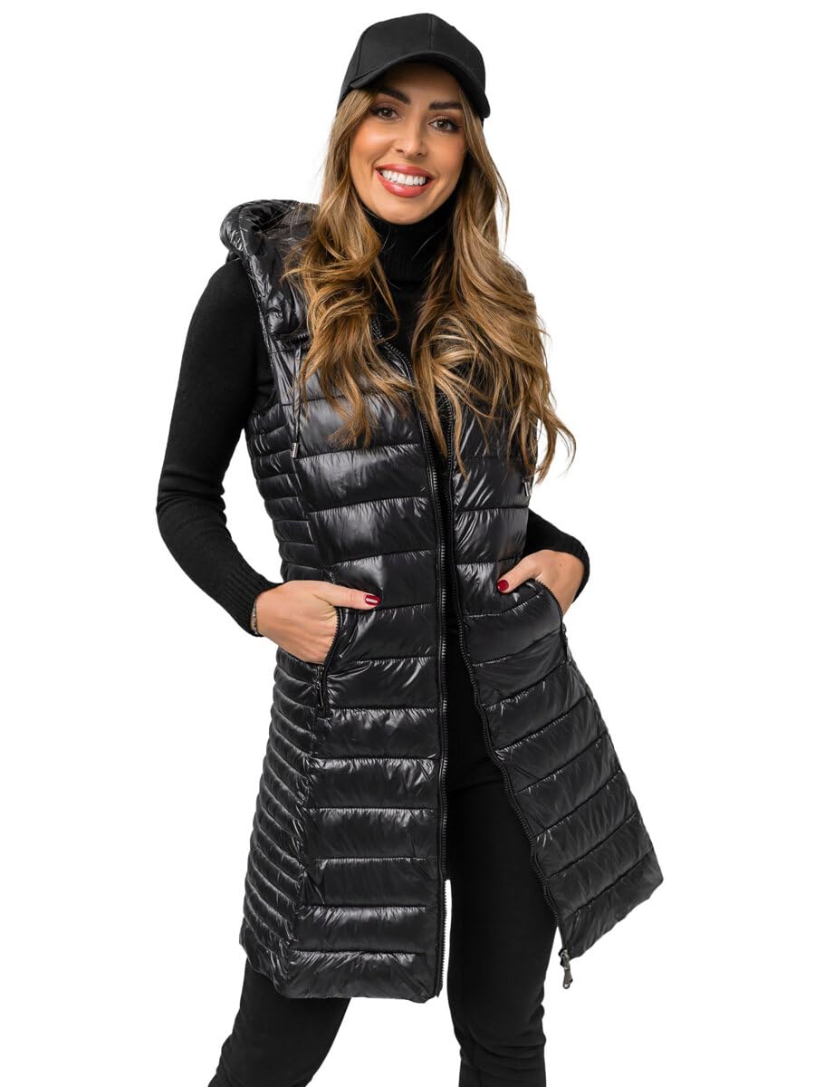 BOLF Damen Weste Lange Steppweste Bodywarmer Daunenweste Vest Funktionsweste Ärmellos Mantel Sportweste Winter Kapuze Warm Freizeit Outdoor 16M9113 Schwarz L [U1U]