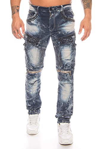 Cipo & Baxx Herren Jeans mit Strasssteinen und vielen Details (Blau, W42/L32)