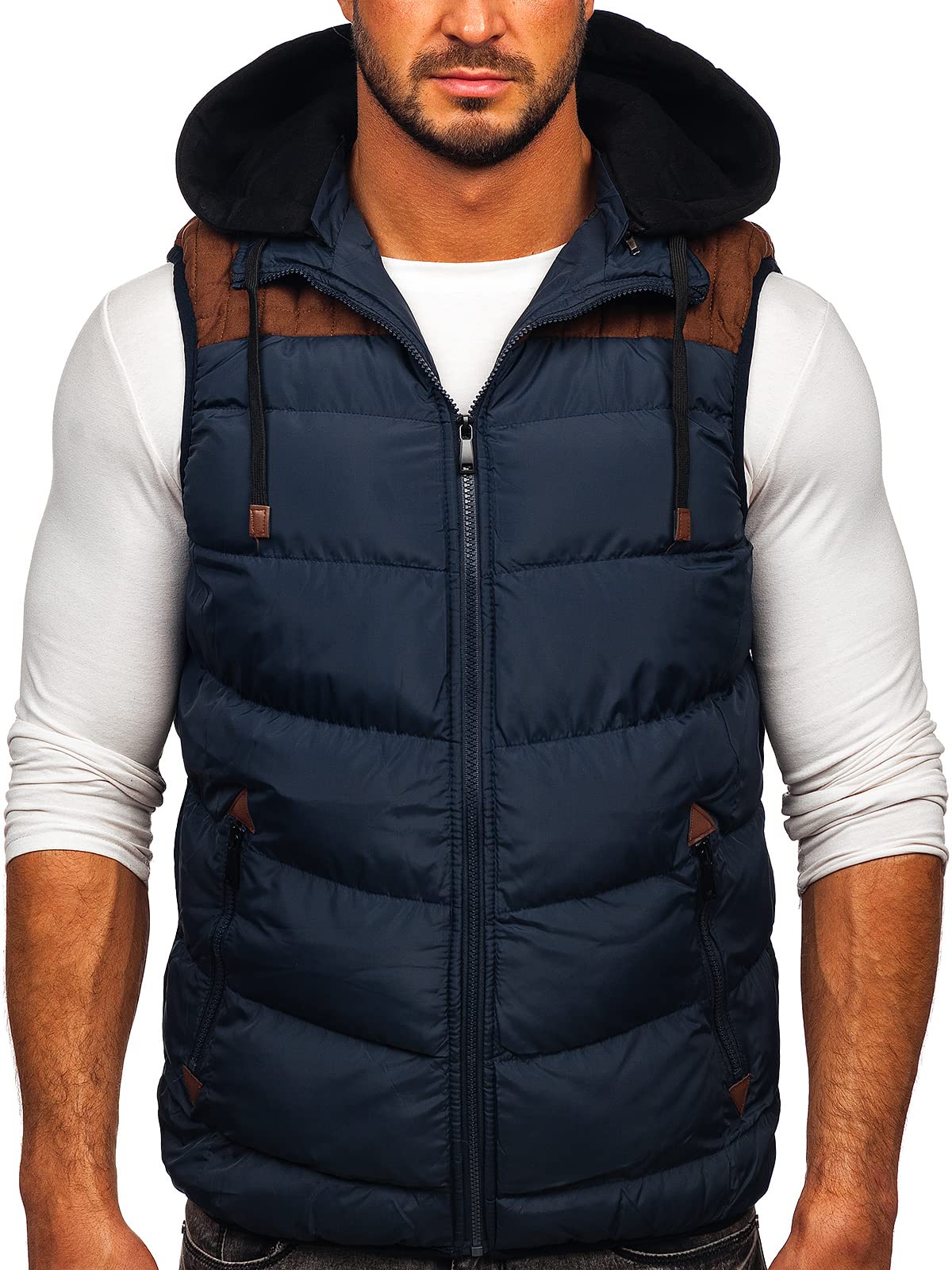 BOLF Herren Weste mit Kapuze Steppweste Bodywarmer Kapuzenweste Daunenweste Reißverschluss Weste Ärmellose Sportweste Zip Wärme Freizeit Outdoor Style B5382 Dunkelblau M [1U1]