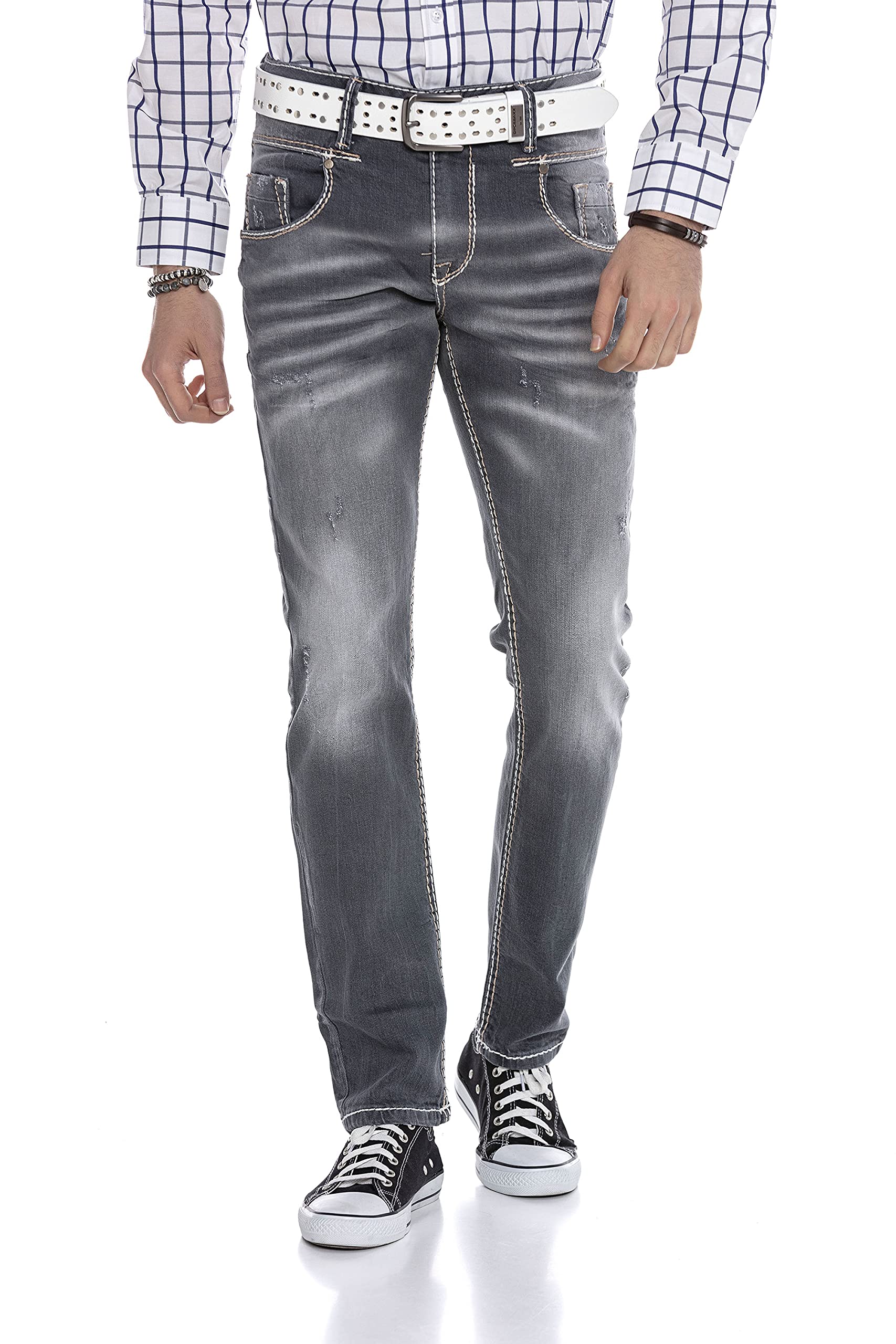 Cipo & Baxx Herren Jeans Hose Denim Used Design Destroyed Pants Straight Fit Regular Casual Jeanshose CD668 Grau W31 L34