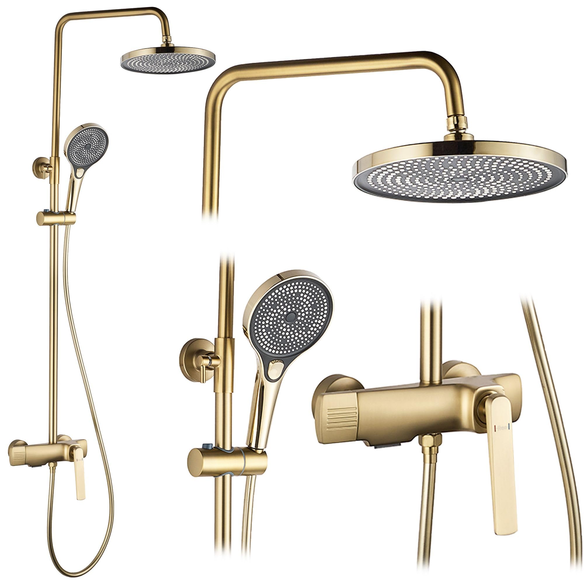 Rea Duschsystem REBEL GOLD BRUSH Duschset Duscharmatur mit Duschkopf und Kopfbrause aus Messing Duschgarnitur für Badezimmer (Gebürstetes Gold)