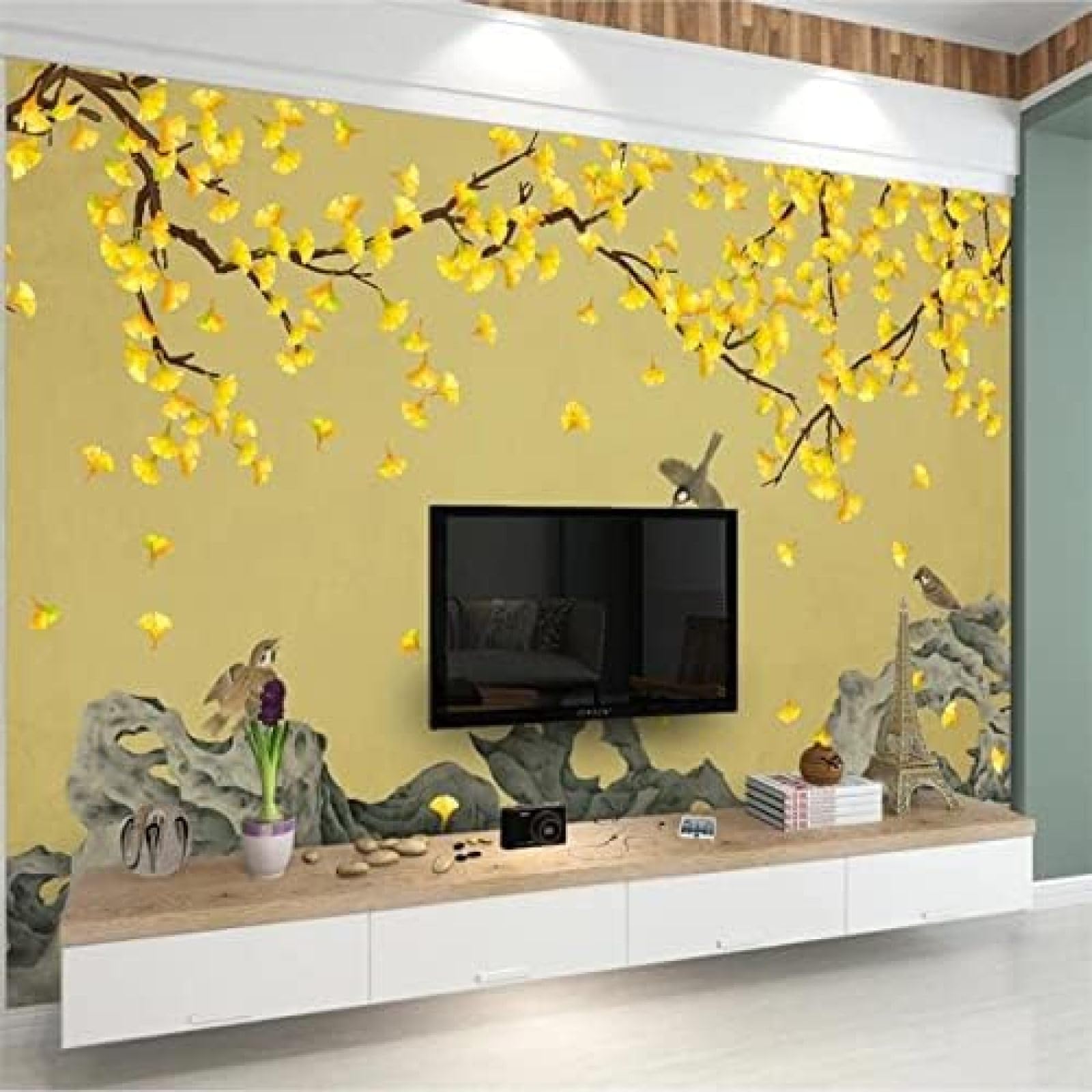 XLMING Ginkgo Handgemalte Blume 3D Tapete Wohnzimmer Sofa Schlafzimmer Esszimmer Home Dekoration Wand-250cm×170cm