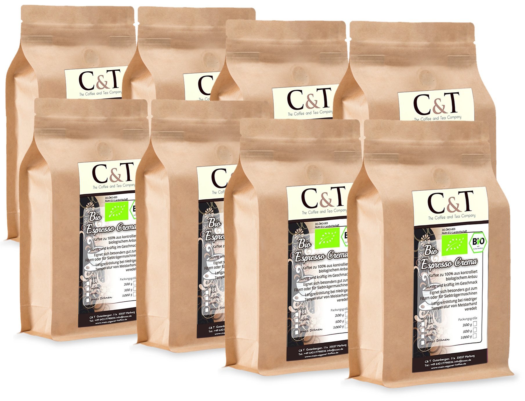 C&T Bio Espresso Crema | Cafe 8 x 1000 g gemahlen Gastro-Sparpack im Kraftpapierbeutel Kaffee für Siebträger, Vollautomaten, Espressokocher