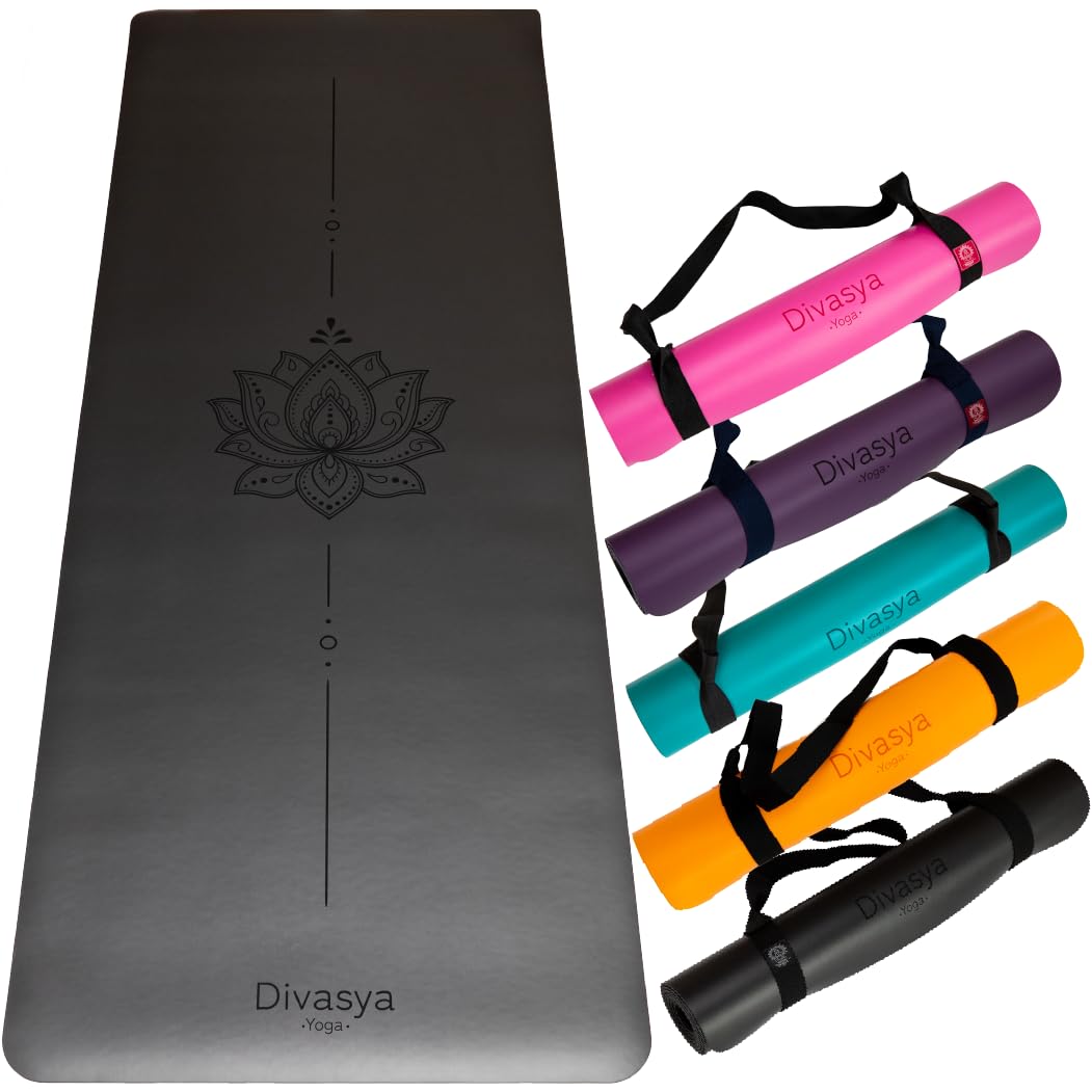 DIVASYA Premium Yogamatte rutschfest: Naturkautschuk rutschfest & japanische professional grip Oberfläche | 185x68x0,45cm | Tragegurt | 4,5mm dicke Yoga Matte rutschfest | schadstofffrei