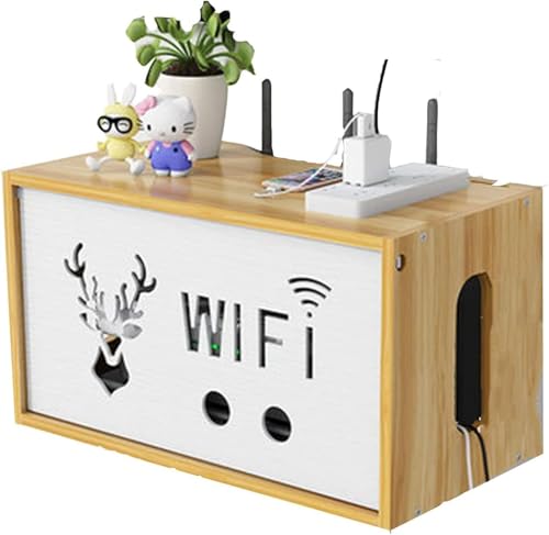 TT Wandmontierte WLAN-Aufbewahrungsbox, Router-Aufbewahrungsbox, mehrschichtiges Desktop-WLAN-Aufbewahrungsregal aus Holz mit Verschluss, Set-Top-Box, Fernbedienung, Netzkabel-Steckdose, Auf