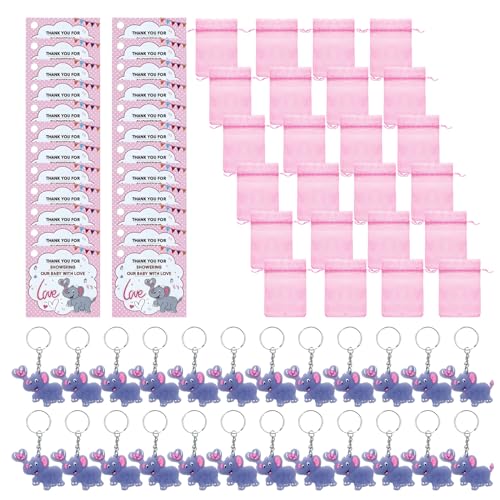 MEELYHOME 24 Stück Tier Elefant Schlüsselanhänger Charm Organza Beutel Dankeskarte Babyparty Zubehör Hochzeit Gastgeschenk Party Elefant Schlüsselanhänger