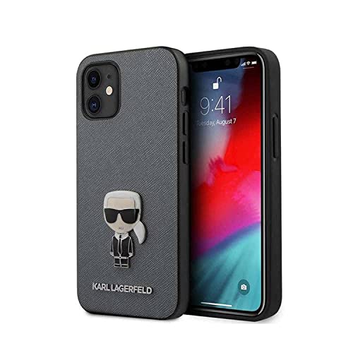 CG MOBILE Karl Lagerfeld PU Saffiano Hülle mit Metallpin Iconik, Kratzfest, Stoßdämpfung & Fallschutz Cover für Apple iPhone, offiziell lizenziert (12 Mini (5,4 Zoll), Silber)