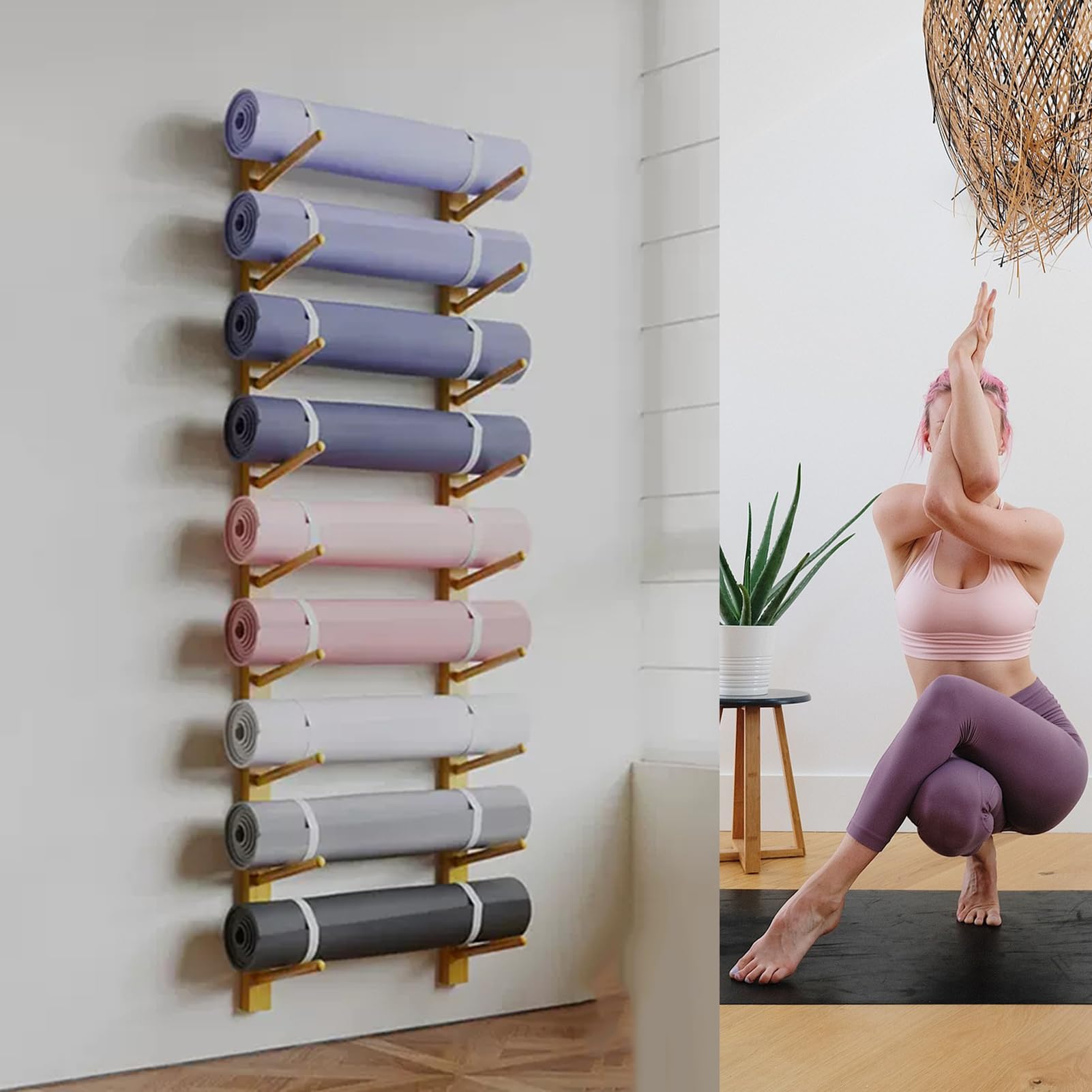 LESBJFDM Wandhalterung für Yogamatten aus Holz – Wandhalterung für Yogamatten mit 6/9 Ebenen – Halterung für Heim-Fitnessstudio-Zubehör – Yogamattenständer