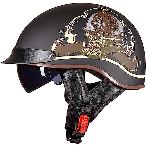 Motorradhelm Halbhelme Brain-Cap - Halbschale Jet-Helm Motorrad-Helm Roller-Helm Harley-Helm Scooter-Helm Retro Motorrad Half Helm mit Faltbar Visier für Herren Damen, ECE-Zulassung,Q-XL(59~60cm)