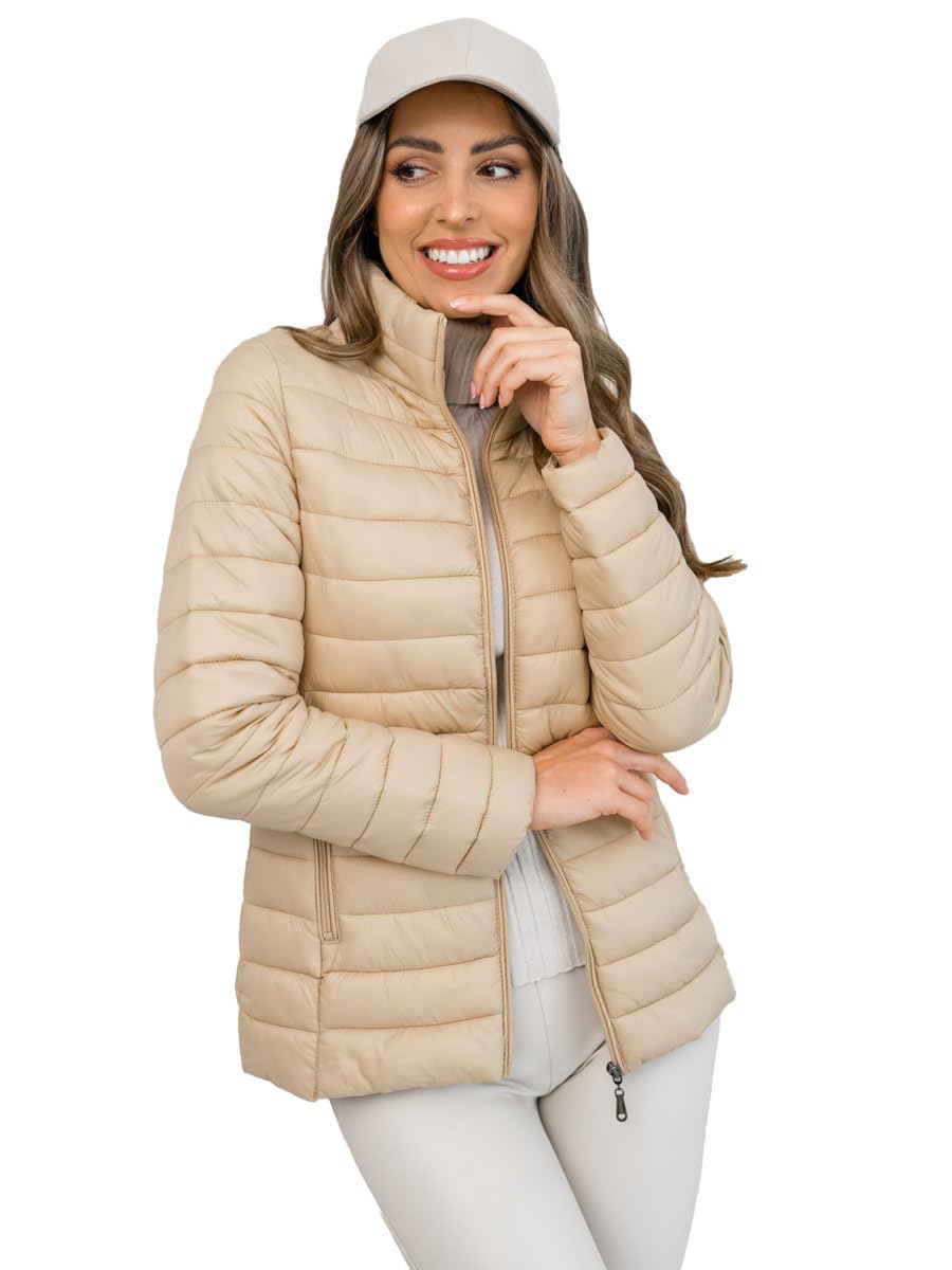 BOLF Damen Übergangsjacke Steppjacke Stehkragen Daunenjacke Reißverschluss Sportjacke Zip Wärme Freizeit Sport Basic Outdoor Casual Style 16M9111 Camel XL [D4D]