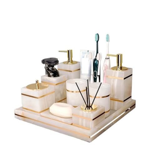 Badezimmer Set Badezimmer-Accessoires aus weißem Naturmarmor, luxuriöser goldener Seifenspender, Zahnbürstenhalter, Seifenschale und Tablett-Set for das Badezimmer Badezimmer Set Akazie(Tray D)