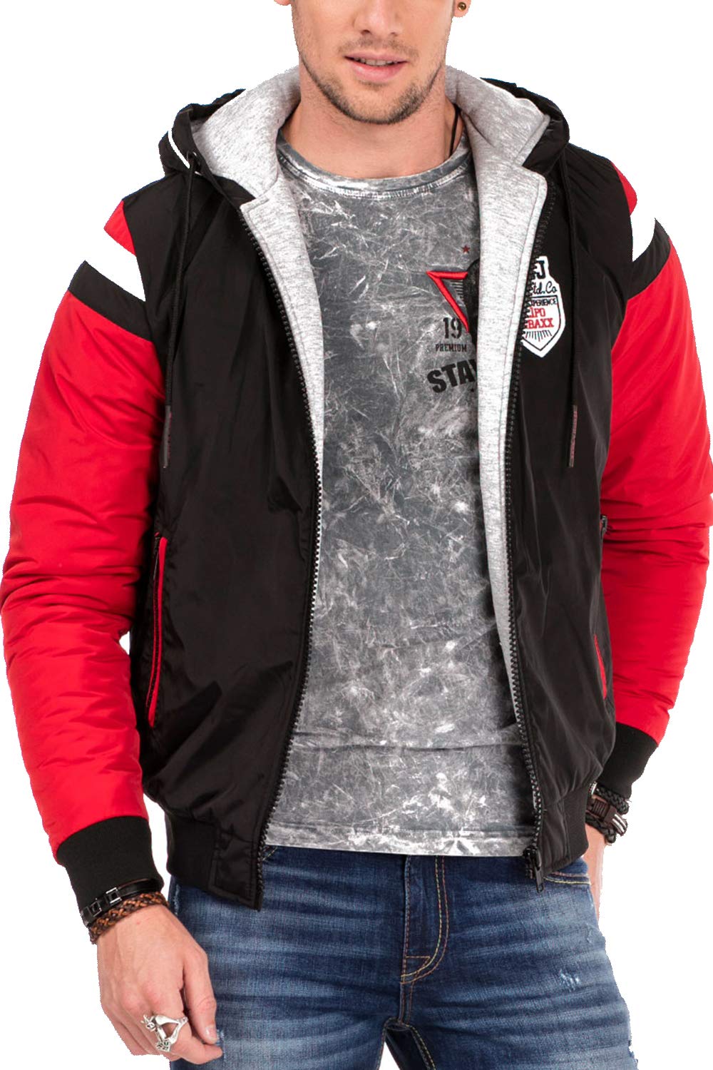 Cipo & Baxx Herren Übergangs Jacke Winterjacke Sweatkapuze Bomberjacke College Jacke mit Kapuze Schwarz Gr.M