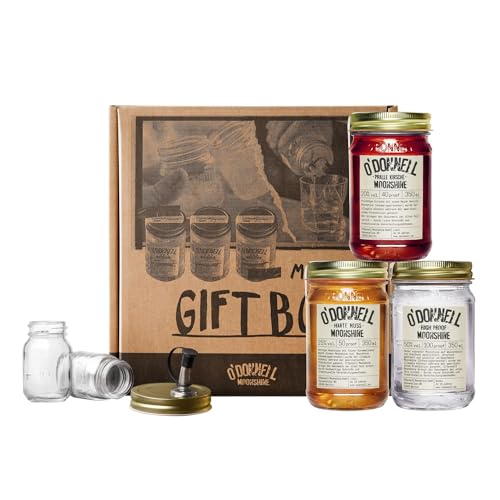 O'Donnell Moonshine Geschenkbox | 3 x 350ml | 2 x Shotgläser + Ausgießer | Premium Schnaps nach amerikanischer Tradition | Likör | vegan | natürliche Zutaten (Harte Nuss/Pralle Kirsche/High Proof)