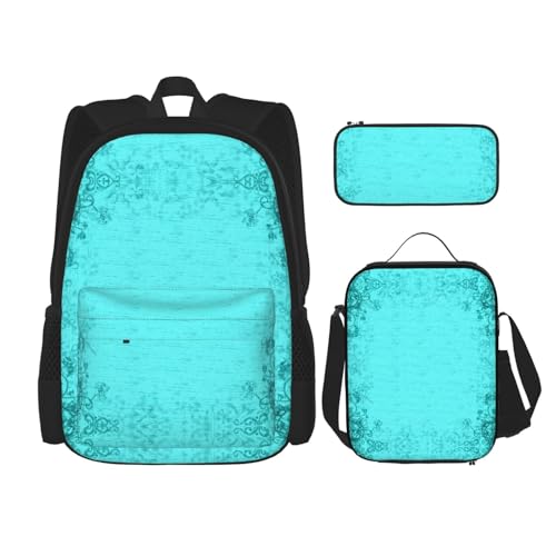 WURTON Lunchbox, Federmäppchen, Rucksack-Set, 3-teilig, verstellbare Riemen, langlebig, leicht, Blaugrün, Schwarz, One Size