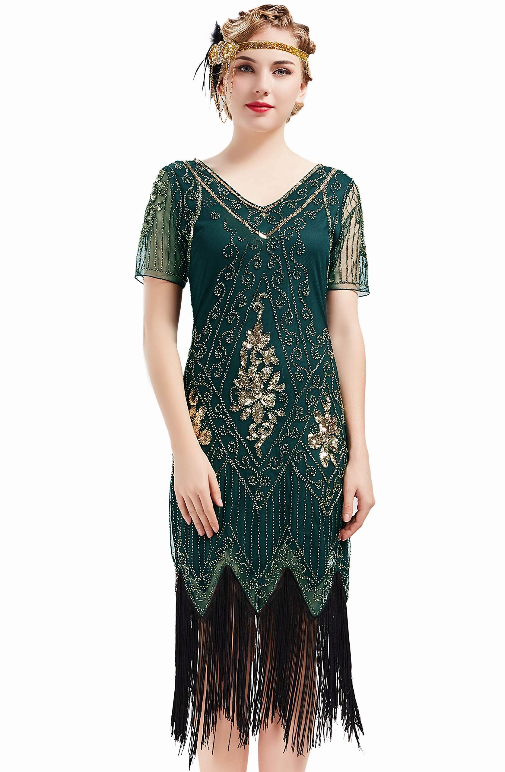 BABEYOND 1920s Kleid Damen Flapper Kleid mit Kurzem Ärmel Gatsby Motto Party Damen Kostüm Kleid (Dunkelgrün, L)