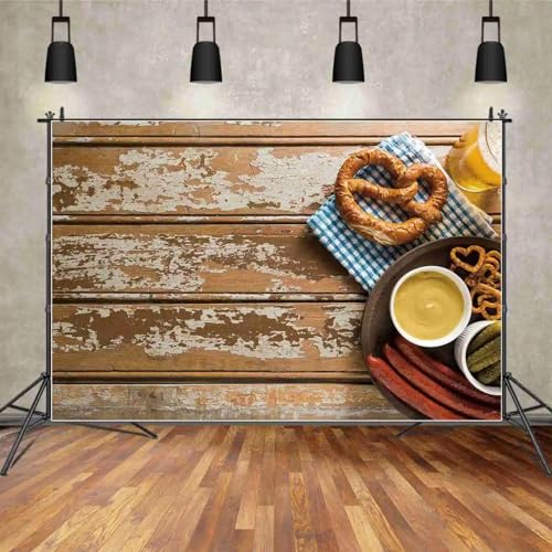 Kulisse Oktoberfest Bierfest Holz Brett Dekor Fotohintergrund Glas Bagel Wurst Karo Tuch Party Dekorationen 350x230cm