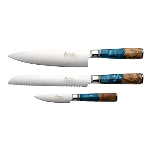 Katana Saya 3er-Set Elements Küchenmesser, ozeanblau, Damaszenerstahl VG-10 mit Griff aus Olivenholz und Harz, KEB-3167