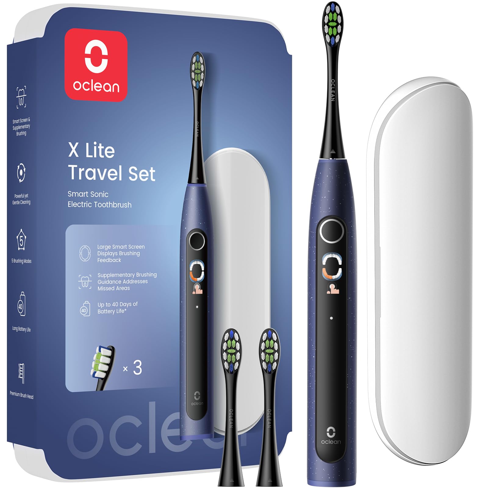 Oclean X Lite Schallzahnbürste Blau Set, elektrische Zahnbürste mit Bildschirm, Electric Toothbrush mit IPX7 Wasserdicht, 5 Putzprogrammen, Timer, Reiseetui, 3 Ersatzbürstenköpfe