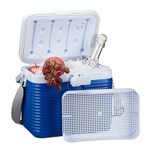 Relaxdays, weiß-blau kleine Kühlbox, mit Griff, Tragegurt, Kunststoff Kühltasche, ohne Strom, 8 l, HBT 23,5 x 31 x 21 cm
