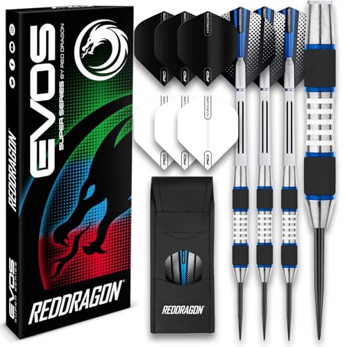 RED DRAGON Evos: 24 Gram Blau Tungsten Dartpfeile Profi Steel Darts Set mit Flights, Schäfte and Dart Tasche