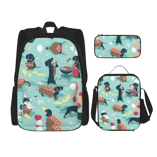 WURTON Hot Dogs und Limonade Print verstellbare Schultergurte Rucksack Set Mittagessen Tasche Federmäppchen Kombination Taschen Set