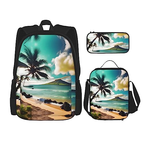 YQxwJL 3-in-1-Rucksack-Büchertaschen-Set, Sonnenblumen-Halloween-Totenkopf-Druck, lässiger Reiserucksack, mit Federmäppchen, Lunchtasche, Tropische Strandpalmen, Einheitsgröße