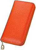 VSULZVNU Kartenetuis, Unisex, echtes Leder, Rindsleder, Reißverschluss, lange Ledergeldbörse, Ausweis, Kreditkartenhalter, Handytasche, Kapazität, lange Clutch (Farbe: Orange)