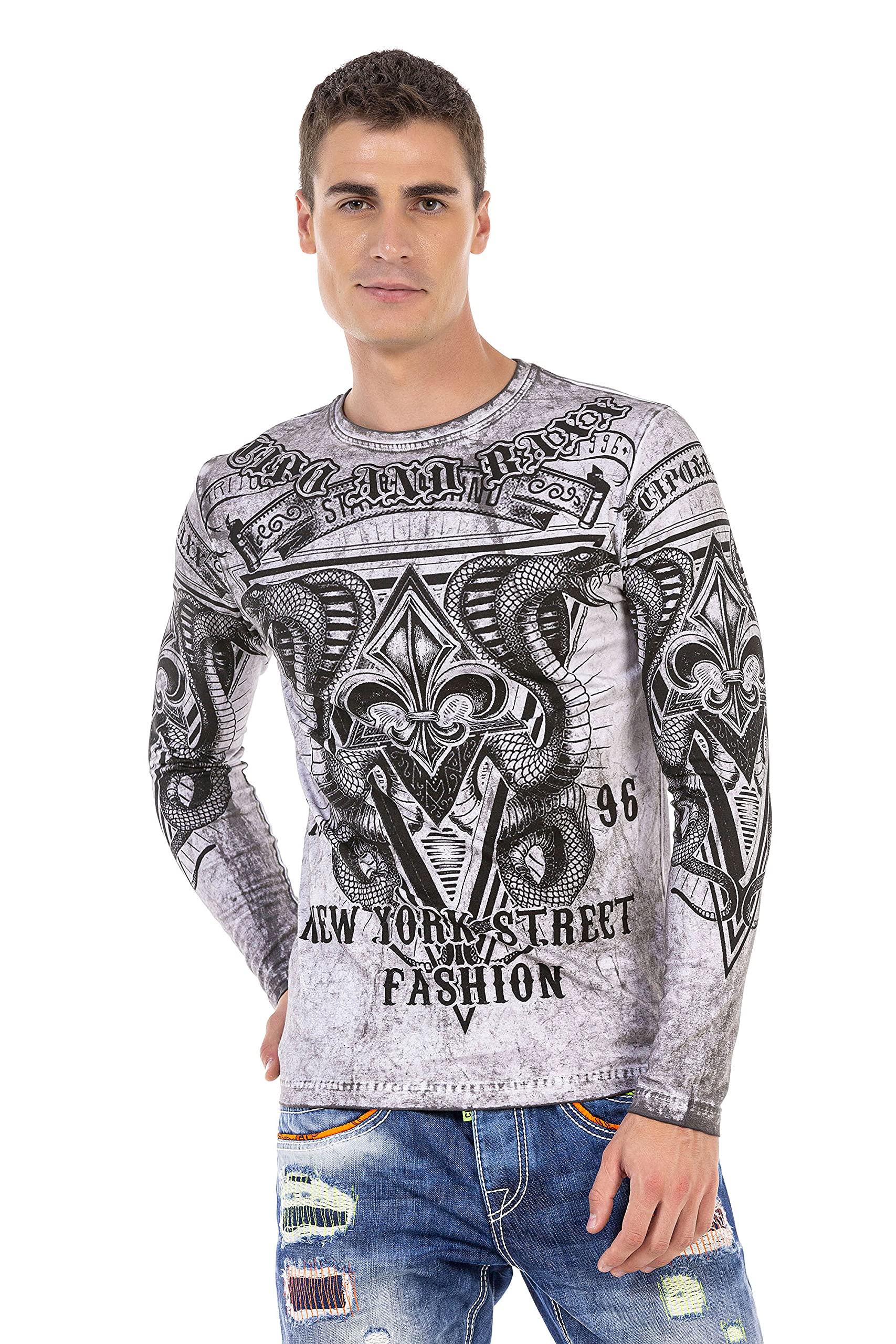 Cipo & Baxx Herren Langarmshirt Rundhals Print Longsleeve Longshirt Sweatshirt CL449 Grau XL