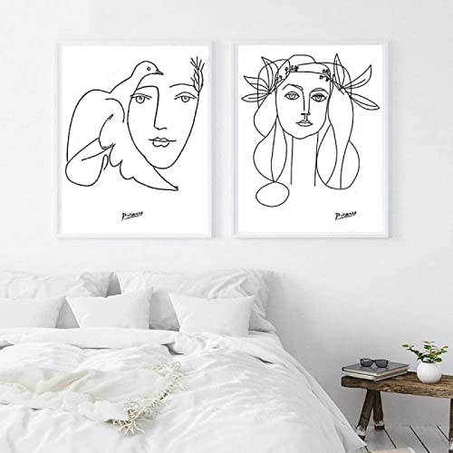 Picasso Strichzeichnungen Leinwand Gemäldedrucke Schwarz Weiß Skizze Frau Friedenstaube Bild Poster Minimalistische Wand Bilder Wohnkultur Rahmenlos 30×40cm×2pcs