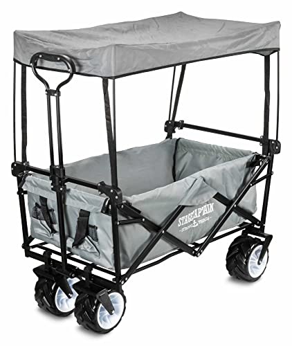 Stagecaptain BW-907D GY Bollycart Bollerwagen faltbar mit Dach - Handwagen mit Breiten, großen Reifen - Klappbares Metallgestell bis zu 80 kg belastbar - 2 Außentaschen - Grau