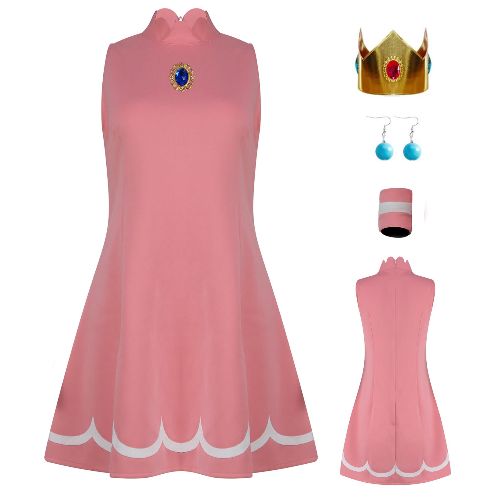 AYYOHON Prinzessin Pfirsich Cosplay Kostüm Damen Prinzessin Daisy Rosalina Tenniskleid mit Krone Ohrringe Erwachsene Halloween Anzug S