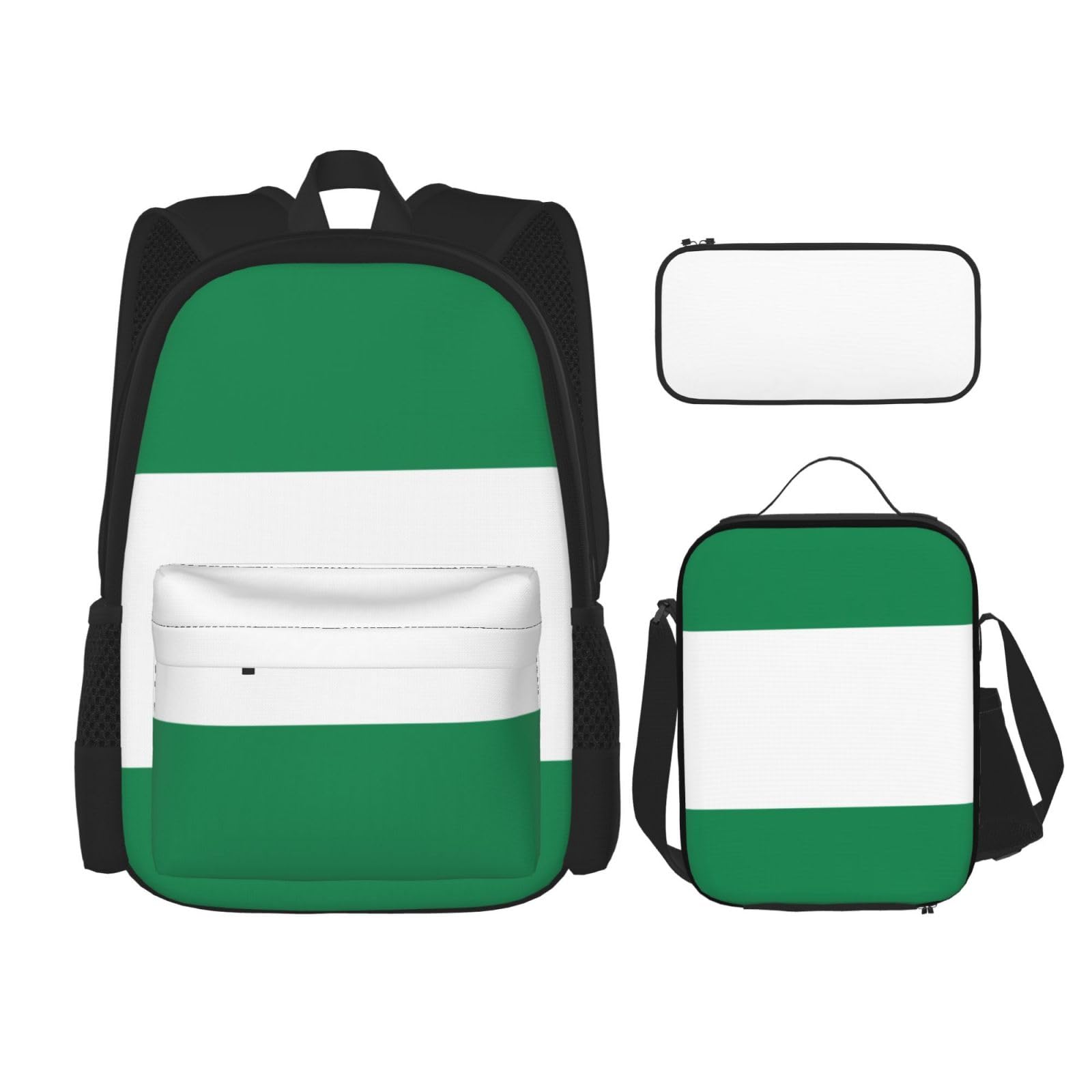 WURTON 3-in-1-Set mit Nigeria-Flaggen-Aufdruck, lässiger verstellbarer Schulter-Rucksack, Lunch-Tasche, Federmäppchen, Beutel, Schwarz, Einheitsgröße