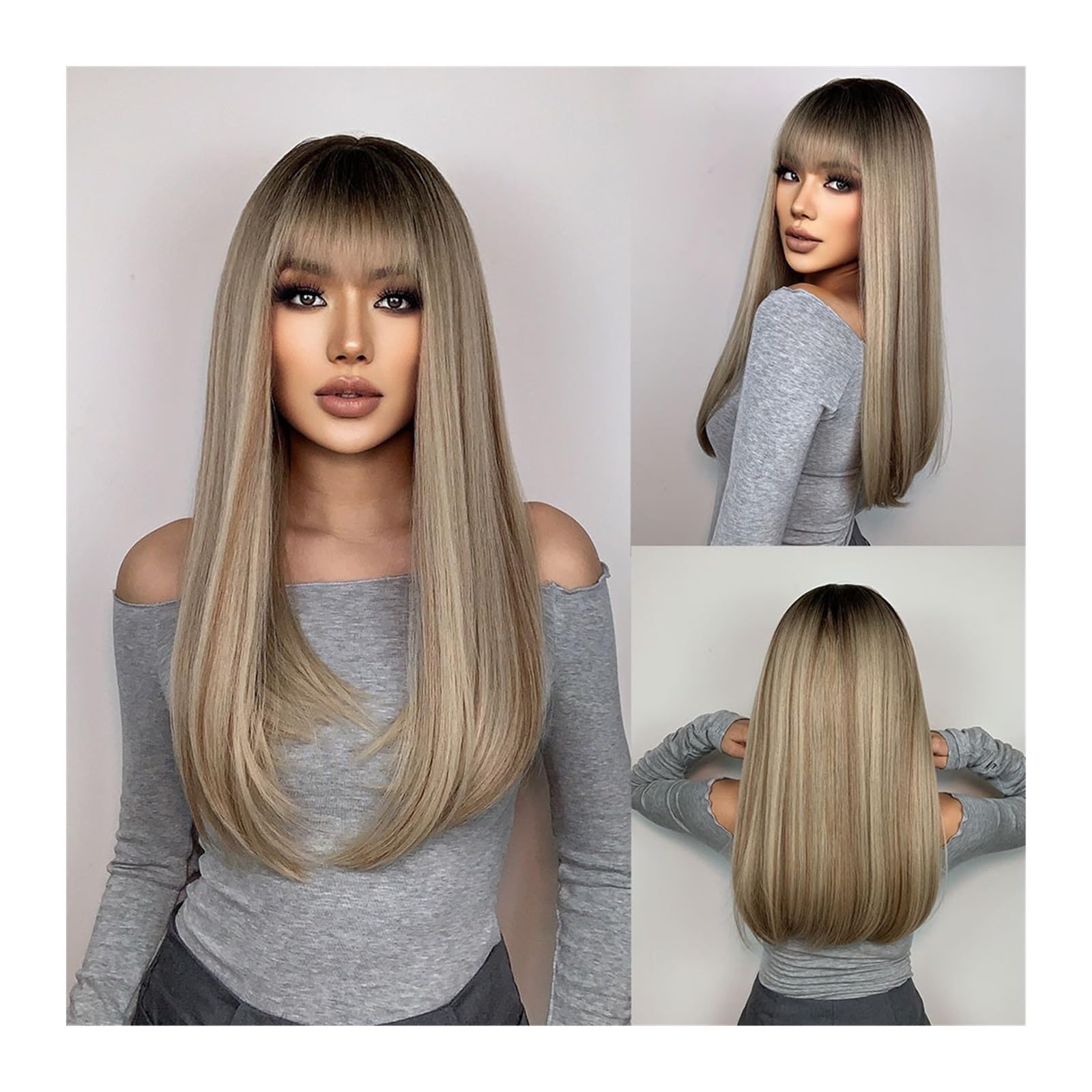 Perücken Naturhaar-Perücke for Damen, Cosplay-Perücke, hitzebeständig, lange, gerade synthetische Perücken mit Pony, braun bis blond, Ombre Damenperücke