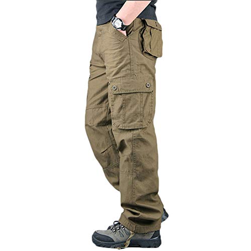 YOUCAI Herren Cargohose aus Baumwolle Viele Taschen Cargo Hose Arbeitshose Freizeit Hose Wanderhose Trekkinghose Outdoor Tactical Hose,6 Taschen Erdgelb,34