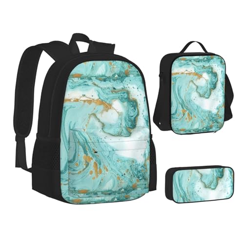 WURTON Grüner goldener Marmor-Rucksack für Teenager, 3-in-1 (Federmäppchen + Schultasche + Lunchtasche)