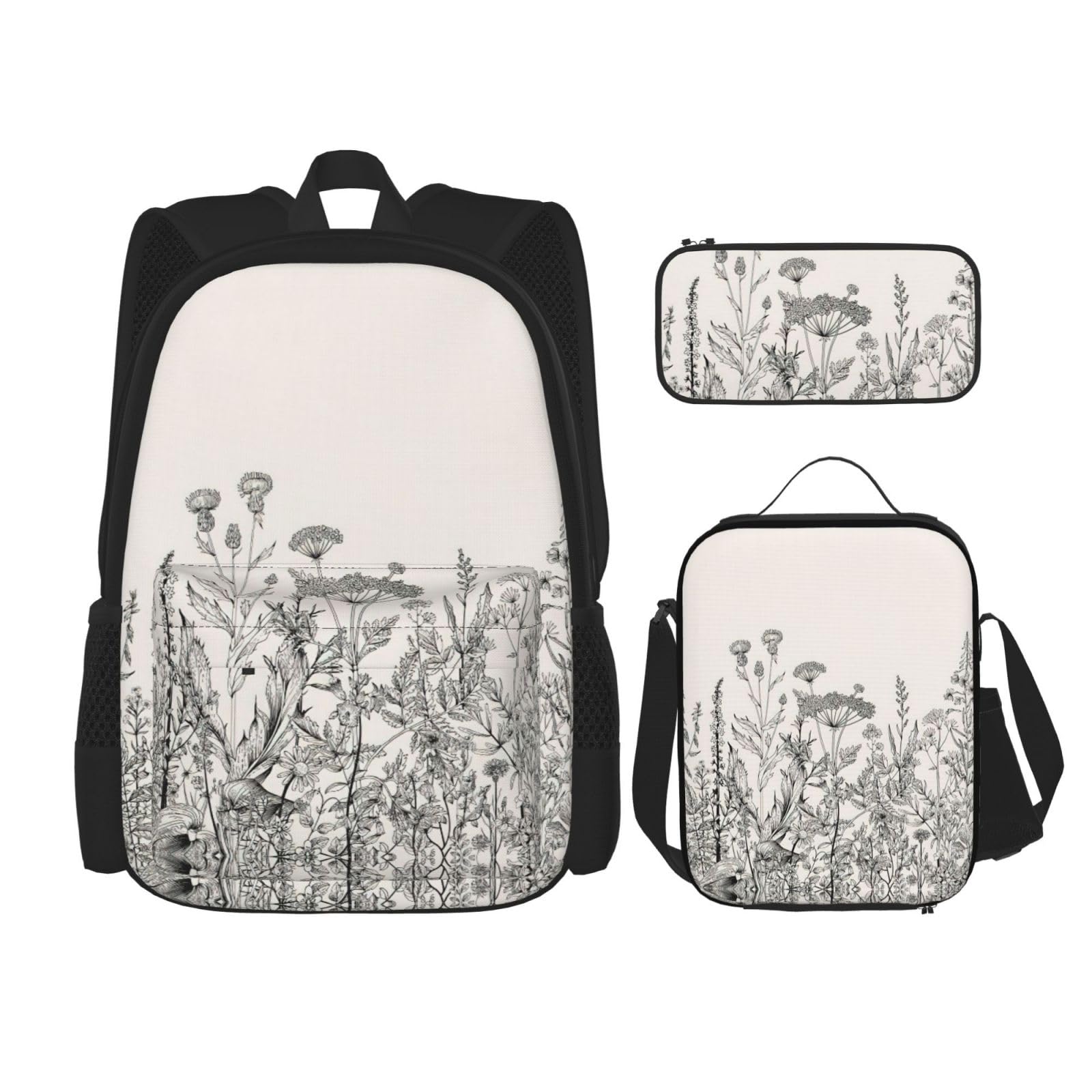 WURTON Schulrucksack-Set mit Blumenkräutern, Botanische Gravur, Schultasche, mit Lunch-Tasche, Federmäppchen, Kombination, Schulranzen-Set