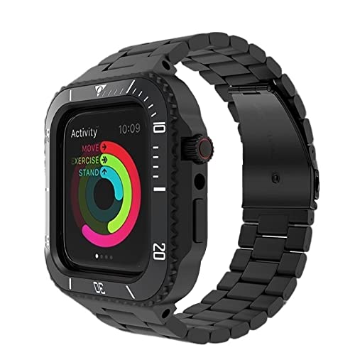 KANUZ Modifikationsset, Metall-Lünettenrahmen für iWatch 8, 7, 6, 5, 4 SE, Stahlband und Gummi-Uhrenarmband für Apple Watch Case Band 7, 45 mm, 44 mm (Farbe: Schwarz, Stahl, Größe: 45 mm)