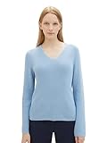 TOM TAILOR Damen Basic Strickpullover mit V-Ausschnitt, 34587 - Light Fjord Blue, L