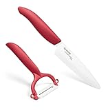 Kyocera GEN RED Starterset Keramik Obst- & Gemüsemesser mit Schäler | Klinge 11 cm | ergonomischer Griff | extrem scharfes Küchenmesser und Sparschäler | Kochmesser Profi Messer