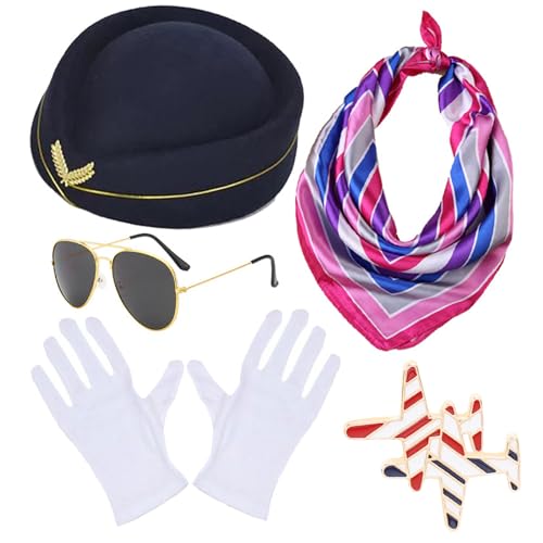 Mehrfarbige Stewardess-Hut + Sonnenbrille + Taschentücher/Handschuhe/Brosche für Erwachsene, Damen, Halloween, Karneval, Rollenspiel, Kostüm, Flugbegleiter, Hut und Schal, Flugbegleiter-Outfit,