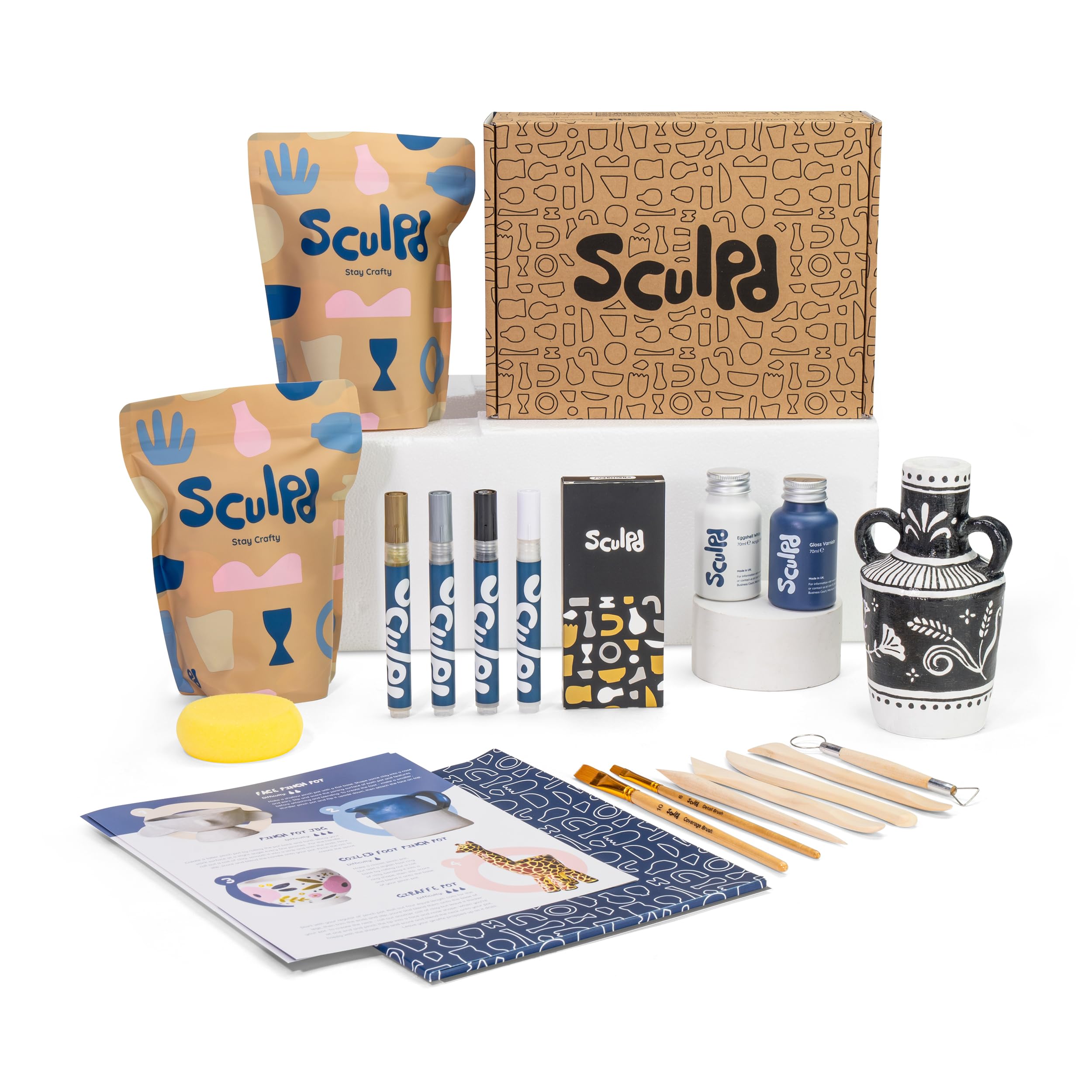 Sculpd Töpferei-Set, lufttrocknender Ton, Starter-Set für Anfänger mit Acrylfarben-Stift-Set, Töpferwerkzeug-Set, Acrylfarbe, wasserfester Lack, Pinsel, Schwamm und Schritt-für-Schritt-Anleitung für