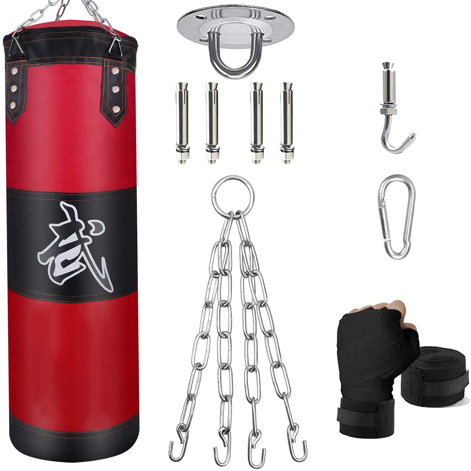 ZERUIDM Boxsack Set Heavy Duty Punchingsäcke UNGEFÜLLT, Hängende Boxing Bag für Erwachsene Kinder, Punching Bag mit Boxbandagen Deckenhaken Kette, für Kickboxen Kampfsport Muay Thai MMA