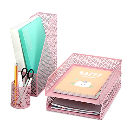 EXERZ Schreibtisch Organisator 4-teilig Büro-Set/Tischplatte Ablage Metallgitter Inklusive: A4 Briefablage x 1, A4 Zeitungsständer x 1, Briefhalter x1, Stifthalter x 1 (Hell-Pink)