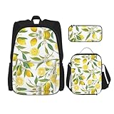 WURTON Rucksack, Lunchbox, Federmäppchen, 3-in-1, verstellbares Rucksack-Set mit frischen tropischen Zitronen, Schwarz , Einheitsgröße