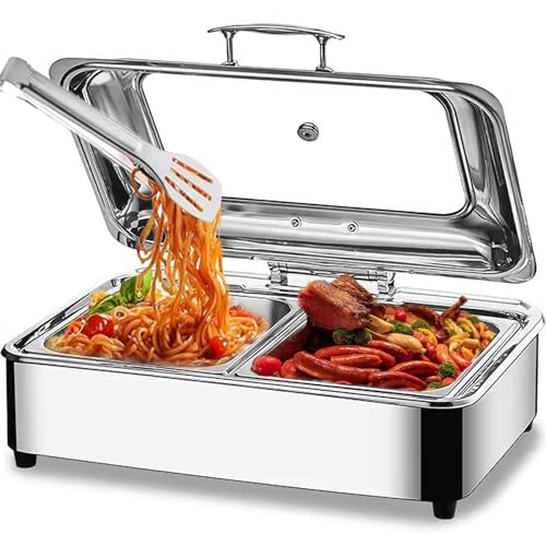 Chafing Dish Elektrisch, 9L Edelstahl Speisenwärmer Buffetwärmer mit Sichtbarem Glasdeckel, Kommerziell Elektrisch Warmhaltebehälter Essen für Buffets und Bankette - Einstellbarer Temperatur(Size: