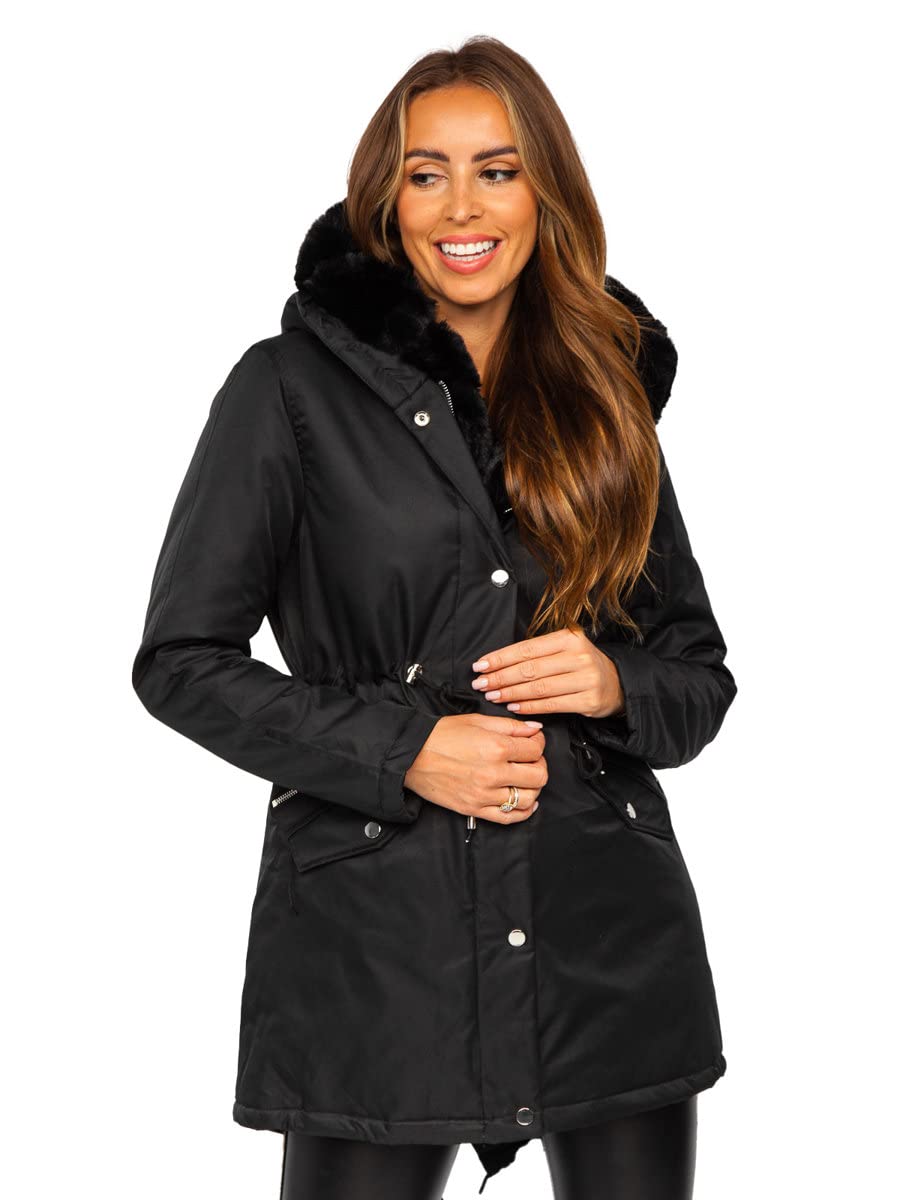 BOLF Damen Winterjacke Parka Wintermantel Lange Daunenjacke Steppjacke mit Kunstfell Kapuze Puffermantel Sportjacke Warm Gefüttert Freizeit Outdoor Casual Style 5M762 Schwarz L [D4D]