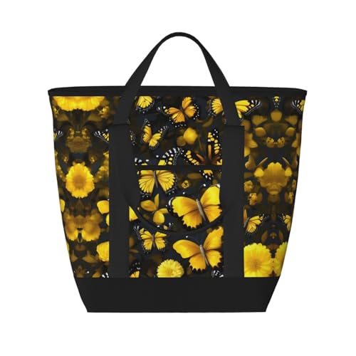 Isolierte Kühltasche mit gelben Blumen und Schmetterlingen, großes Fassungsvermögen, Einkaufstasche, Reisetasche, Strand, wiederverwendbare Einkaufstasche für Erwachsene, Schwarz, Einheitsgröße